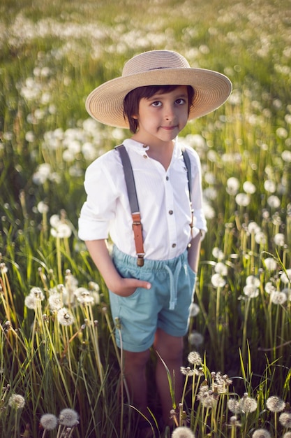 Feliz, un hermoso niño con sombrero se para en un campo con dientes de león blancos al atardecer en verano