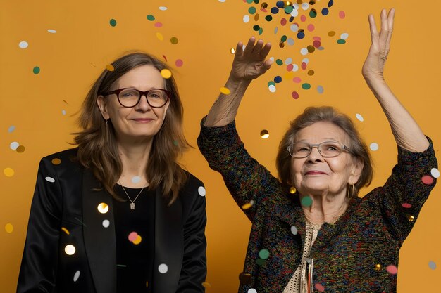 Foto feliz hija adulta de mediana edad abrazar a su vieja madre mayor fondo beige concepto de día de la madre