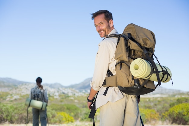 Feliz, hiking par, andar, ligado, montanha, rastro