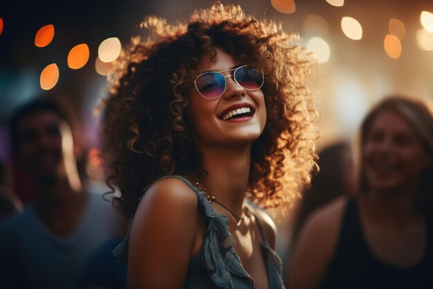 Foto feliz hipster afro-americana mulher de óculos de sol se divertindo em um festival de música dançando em uma multidão de pessoas ao ar livre mulher hippie africana agradável em um estilo de vida de festa