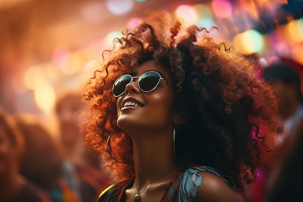 Feliz hipster mulher afro-americana de óculos de sol se divertindo em um festival de música Bela mulher hippie africana em um estilo de vida de festa ao ar livre