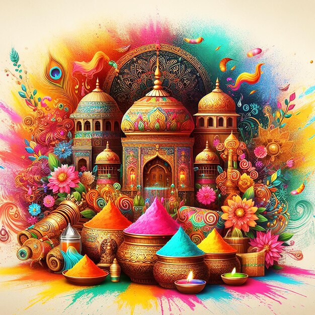 Feliz Holi festival hindu de cores cumprimentando Tajmohol com fundo colorido