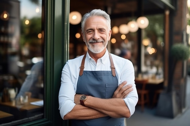Feliz hombre adulto mayor de mediana edad, propietario de una pequeña empresa local parado afuera de su propio restaurante