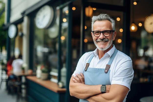 Feliz hombre adulto mayor de mediana edad, propietario de una pequeña empresa local parado afuera de sus propios cafés