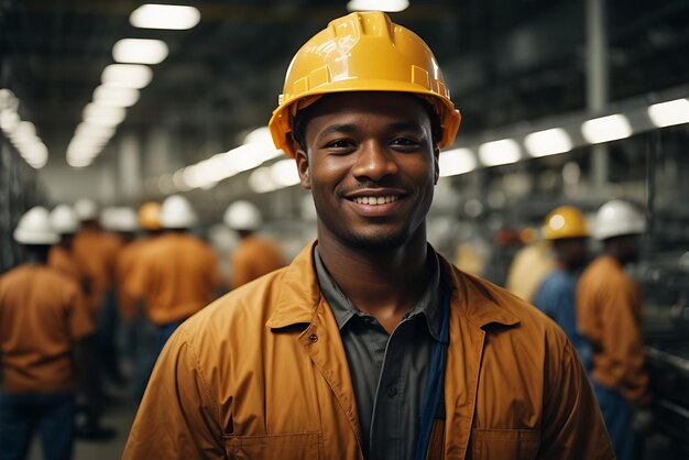 Feliz hombre africano trabajador de una fábrica estadounidense con casco y ropa de trabajo foto de retrato de pie