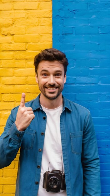 Feliz hombre guapo sonriente mira desde la pancarta e indica con el dedo en él