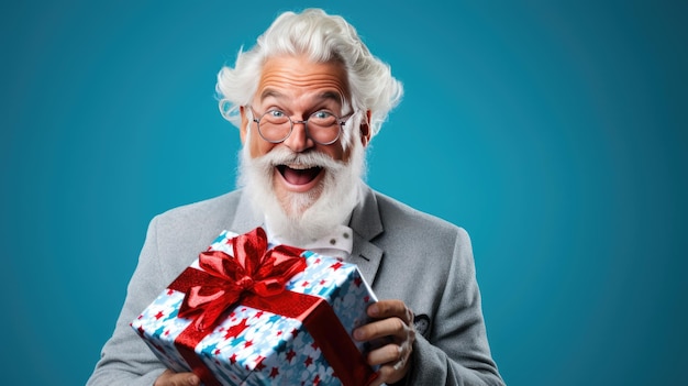 Feliz hombre mayor sonriente sosteniendo una caja de regalo sobre un fondo de color