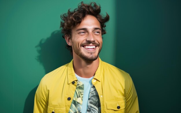 feliz hombre de moda guapo sonriendo y usando colorida camisa de patrón de flores