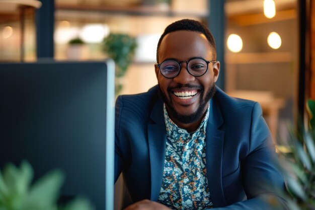 Feliz hombre de negocios afroamericano sonriente en traje y gafas mirando a la cámara de la pantalla del monitor