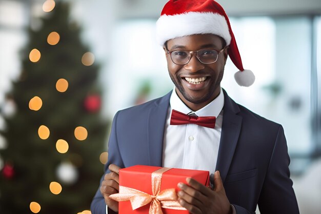 Feliz hombre de negocios afroamericano con traje y gorro de Papá Noel desea feliz Navidad