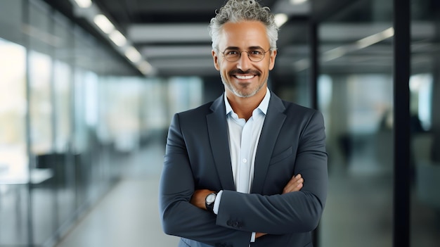 Feliz hombre de negocios de mediana edad ceo de pie en la oficina con los brazos cruzados