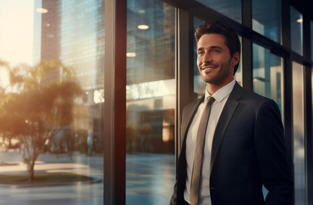 un feliz hombre de negocios de pie frente a una ventana de la oficina