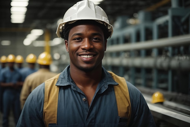 Feliz homem africano, operário americano, usando capacete e roupas de trabalho, foto de retrato em pé