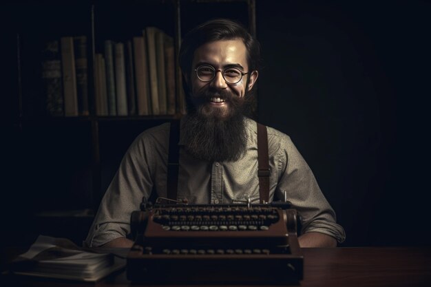 Feliz homem barbudo escritor na máquina de escrever Gerar ai