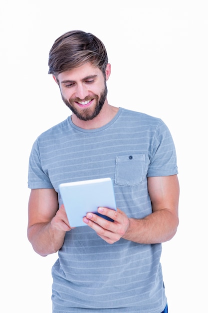 Feliz, homem bonito, usando, tablet, computador