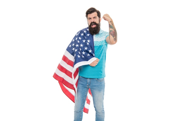 Feliz homem patriótico com bandeira americana na foto de fundo de homem patriótico com bandeira americana