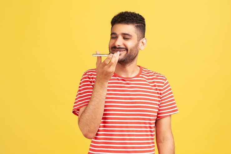 Foto feliz homem satisfeito com barba em camiseta listrada gravando mensagem de voz ou conversando com o assistente online em seu smartphone segurando o telefone perto da boca. tiro de estúdio interior isolado em fundo amarelo