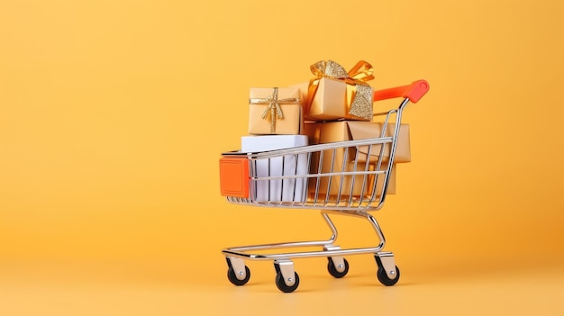 feliz idea de vacaciones en carrito de compras con cajas de regalo