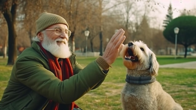 Feliz idoso branco com barba e óculos oferece a mão ao cachorro para cheirar IA generativa