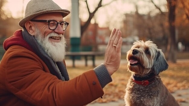 Feliz idoso branco com barba e óculos oferece a mão ao cachorro para cheirar IA generativa