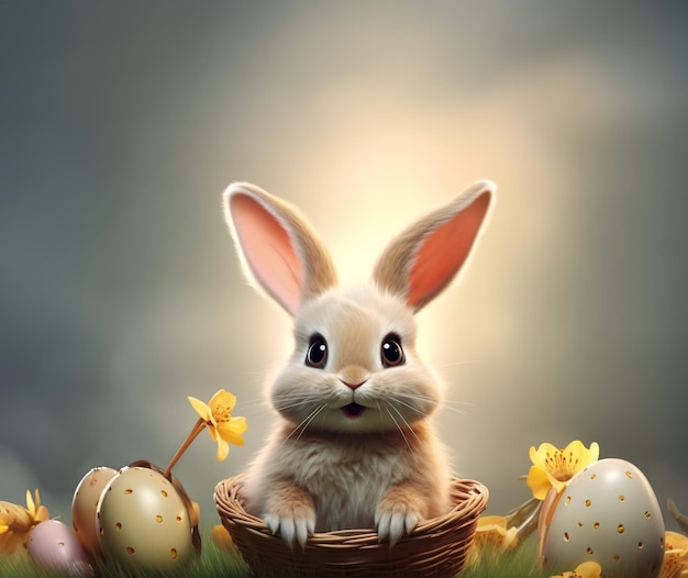 Feliz ilustración de Pascua de un conejo lindo con una canasta y huevos de Pascua