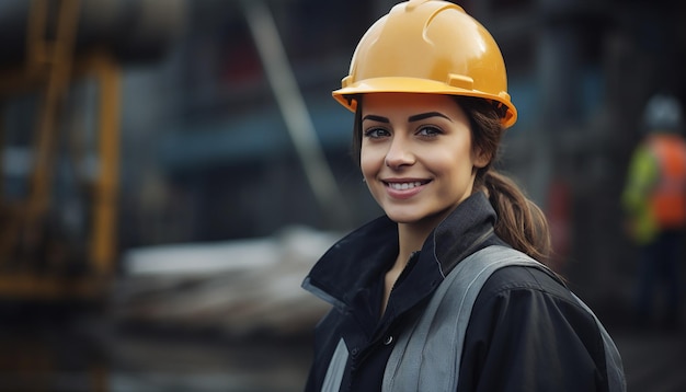 Feliz ingeniera sonriente joven linda construcción apariencia eslava foto de joven hacer