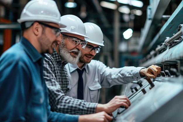 Feliz ingeniero maduro y colegas trabajando en fábrica