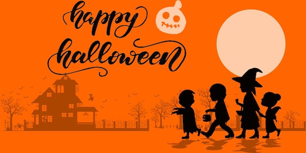 Feliz invitación de truco o trato de halloween a una fiesta infantil ilustración de un diseño plano