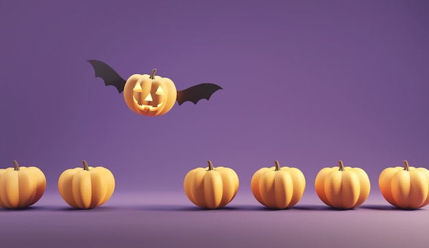 Feliz Jack O Lantern com asas voando entre as abóboras em fundo de cor roxa.
