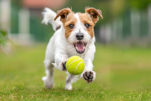 Foto feliz jack russell terrier perro corriendo y trayendo una pelota de tenis