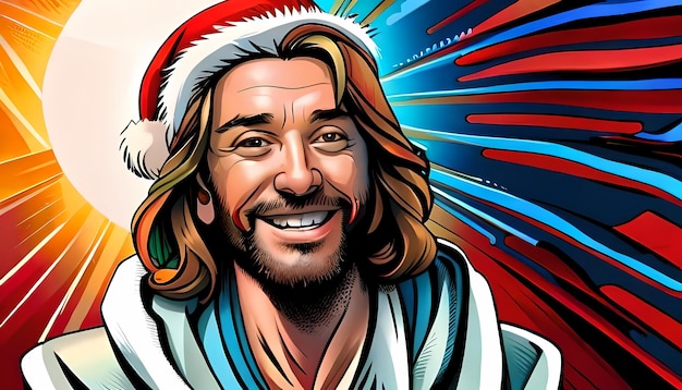 Feliz Jesús con sombrero de Papá Noel Ilustración divertida de IA generativa para Navidad en estilo cómic