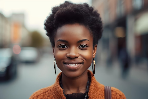 Feliz jovem afro-americana sorrindo na cidade