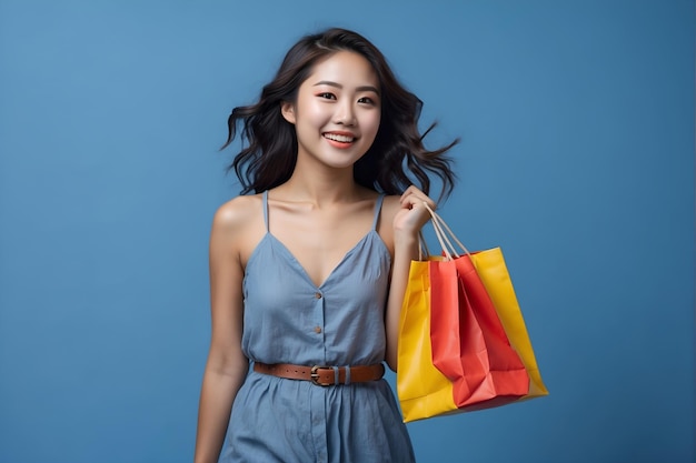 Feliz jovem asiática sorridente jovem mulher carregando uma bolsa de compras colorida