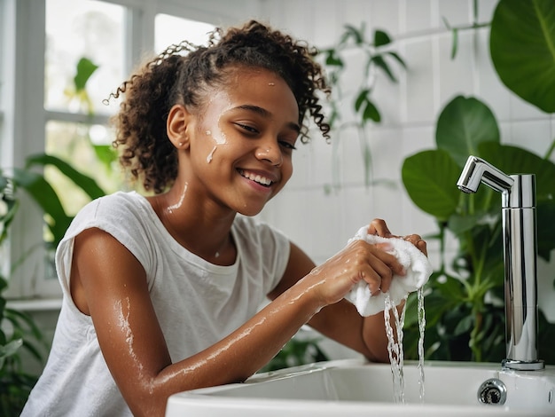 Foto feliz jovem bela mulher afro-americana cuidando de sua pele facial