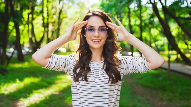 Feliz jovem bonita posando para a câmera no parque da cidade