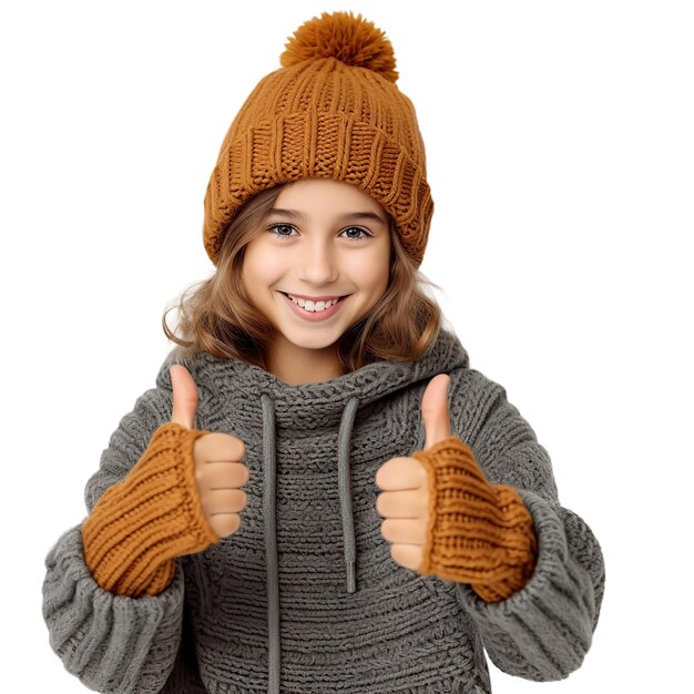 Feliz jovem caucasiana em roupas de inverno coloridas com o polegar para cima