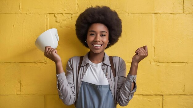 Foto feliz jovem de pele escura com penteado afro vestida com roupa casual se alegra de terminar h