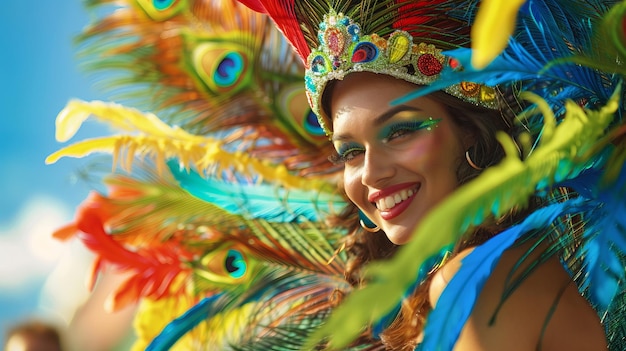 Foto feliz jovem em carnaval traje de pavão celebração com paixão no desfile