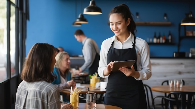 Feliz jovem empregada de mesa com tablet digital de pé por uma das mesas na frente de convidada feminina e tak