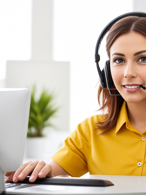 Feliz jovem encantadora sentada e trabalhando com laptop usando fone de ouvido no escritório