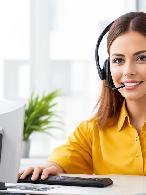 Feliz jovem encantadora sentada e trabalhando com laptop usando fone de ouvido no escritório