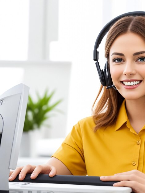 Feliz jovem encantadora sentada e trabalhando com laptop usando fone de ouvido no escritório