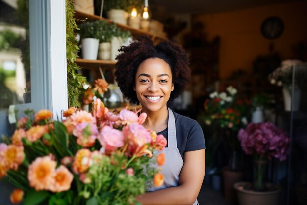 Feliz jovem florista sorrindo enquanto trabalhava em uma floricultura