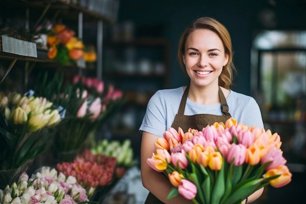 Feliz jovem florista sorrindo enquanto trabalhava em uma florista jovem pequena empresa dona proprietária