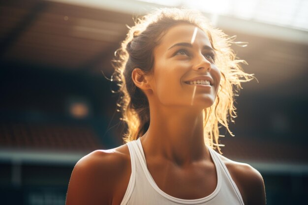 Foto feliz jovem jogadora de tênis em roupas esportivas jogando tênis esperando para ser servida