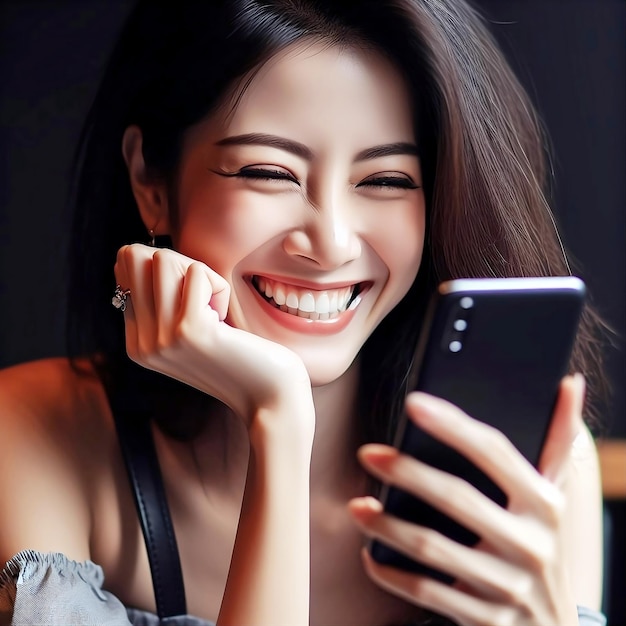 Feliz jovem mulher bonita com sorriso usando telefone celular foto grátis