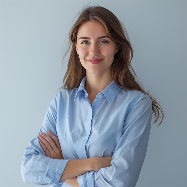 Feliz jovem sorridente confiante mulher de negócios profissional vestindo camisa azul mulher muito elegante