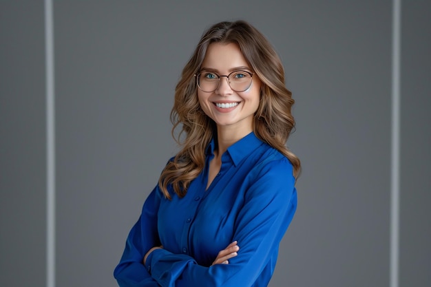 Feliz jovem sorridente confiante mulher de negócios profissional vestindo camisa azul mulher muito elegante