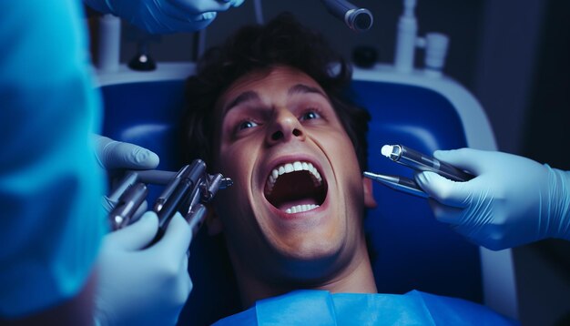 Feliz joven acostado con boca abierta dentista masculino en guantes usando instrumentos de restauración