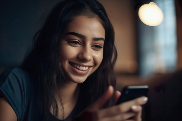 Feliz joven adolescente revisando las redes sociales en el teléfono móvil Sonriente joven mujer latina usando la aplicación de compras en línea y ordenando la entrega Generar Ai